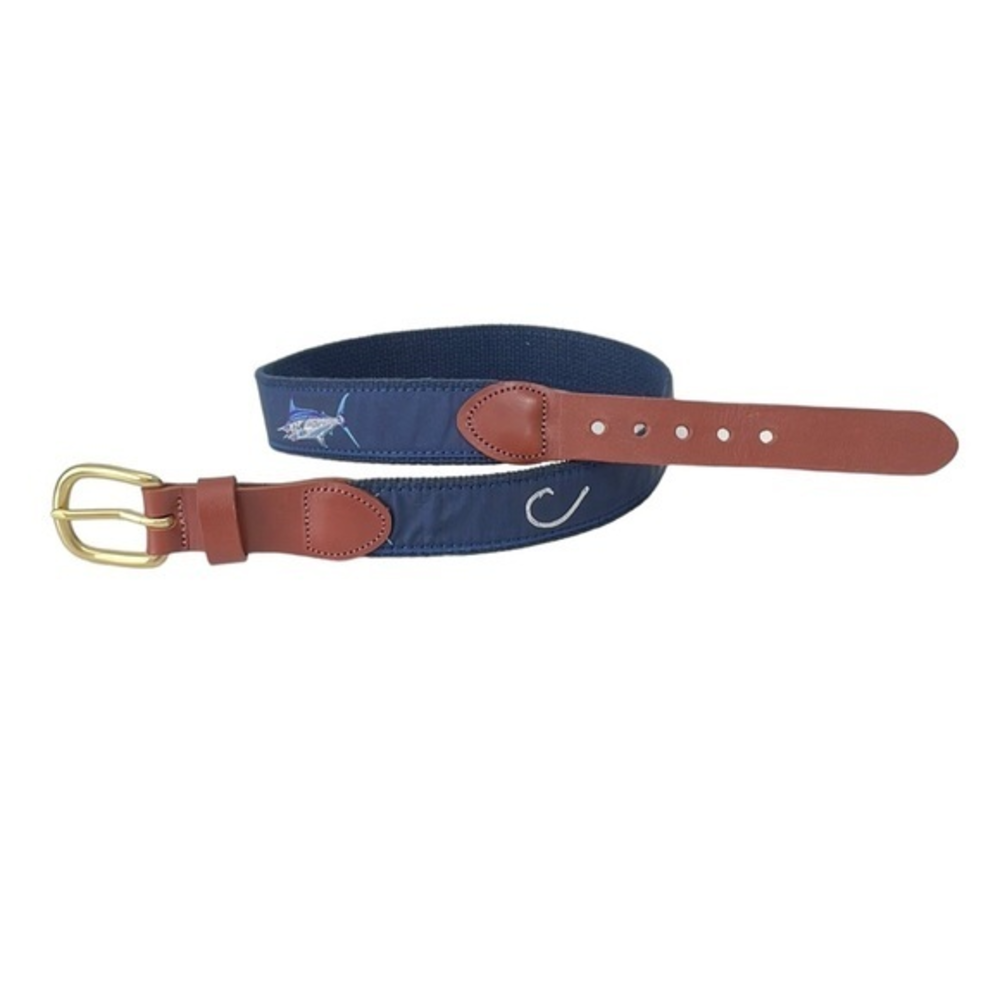 Leather Man Ltd. Fish and Hook‎ navy blue ribbon & leather belt. Brass buckle.